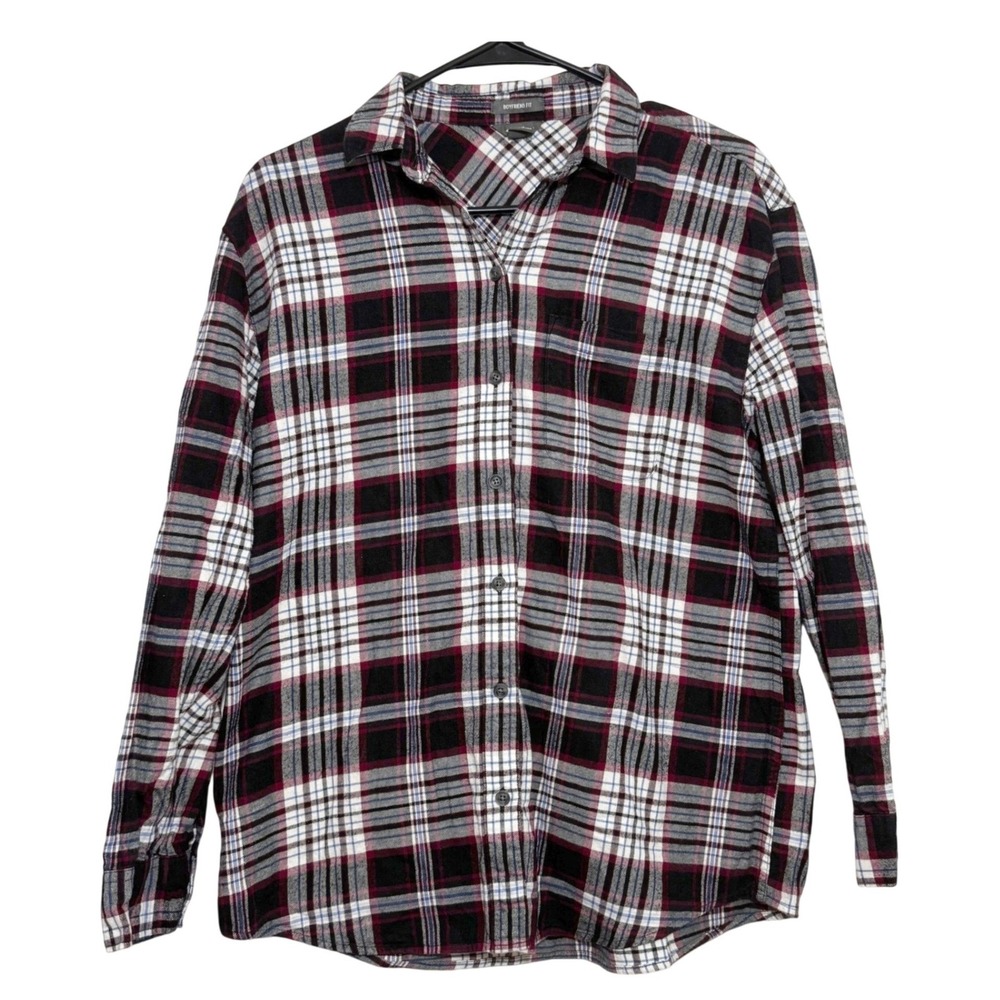 Eddie Bauer Flannel Shirt Burgundy Black Plaid Boyfriend Fit Womens Small Button